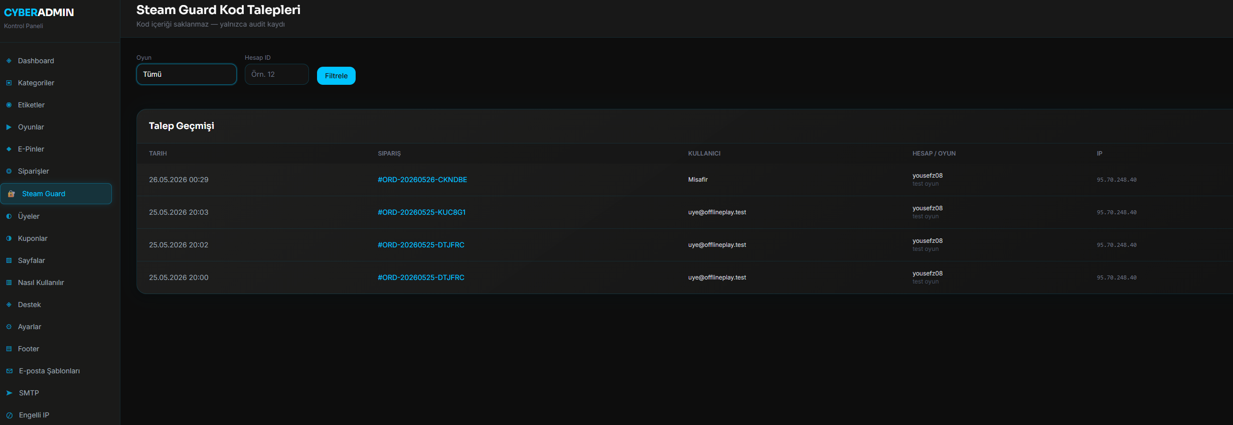 Steam Guard talep geçmişi